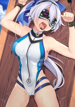 1girl bdsm blue_bow blue_one-piece_swimsuit blush bondage bound bound_wrists bow breasts competition_swimsuit fate/grand_order fate_(series) hair_bow head-mounted_display headset highleg highleg_one-piece_swimsuit large_breasts long_hair multicolored_swimsuit one-piece_swimsuit open_mouth ponytail pussy_juice restrained solo swimsuit tech_control tinted_eyewear tomoe_gozen_(fate) tomoe_gozen_(swimsuit_saber)_(fate) tomoe_gozen_(swimsuit_saber)_(first_ascension)_(fate) trembling visor vr_visor white_hair white_one-piece_swimsuit yasume_yukito