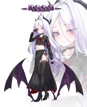 Rule 34 | 1girl, alternate costume, armband, black choker, black halo, black sailor collar, black serafuku, black shoes, black skirt, black thighhighs, blue archive, choker, collarbone, commentary, commentary request, cosplay, demon girl, demon horns, demon wings, full body, garter belt, gloves, hair between eyes, half gloves, halo, hasumi (blue archive), hasumi (blue archive) (cosplay), high heels, highres, hina (blue archive), horns, long hair, long skirt, long sleeves, looking at viewer, miho (user7939139), multicolored halo, neckerchief, pleated skirt, purple eyes, red armband, red neckerchief, sailor collar, school uniform, serafuku, shoes, side slit, sidelocks, simple background, skirt, solo, standing, symbol-only commentary, tachi-e, thighhighs, two-tone halo, very long hair, wavy hair, white background, white hair, wings, zoom layer