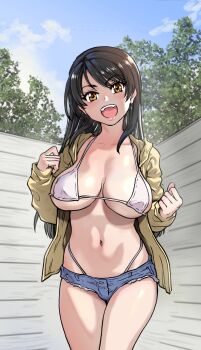 1girl absurdres bikini black_hair blue_jeans blush breasts colorized highres jacket large_breasts long_hair looking_at_viewer micro_shorts multiple_expressions open_clothes open_jacket open_mouth original shiwasu_no_okina shorts sky smile standing swimsuit tagme teeth thighs yellow_eyes