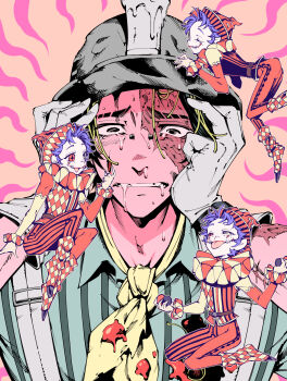 4boys :p ascot black_eyes blonde_streaks blue_hair bridge_piercing candle clone closed_eyes crying crying_with_eyes_open face_piercing facepaint green_shirt grey_hat hands_on_own_head harlequin hat heterochromia highres identity_v looking_at_viewer male_focus midair mike_morton mike_morton_(puppet) mini_person multiple_boys neck_ruff norton_campbell norton_campbell_(jarhead) official_alternate_costume patterned_clothing piercing red_eyes saliva scar scar_across_eye scar_on_face shirt snot_trail striped_clothes striped_shirt tears tongue tongue_out vertical-striped_clothes vertical-striped_shirt yellow_ascot yellow_eyes yousuke_(yosk)