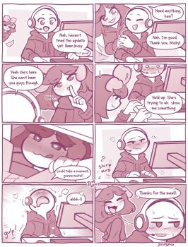 1boy 1girl blush bow bowtie clothed_female_clothed_male comic computer cum cum_in_mouth english_text fellatio finger_to_mouth headphones heart hetero hood hoodie implied_fellatio justspicy limited_palette medium_hair monochrome oral orgasm original playing_games shushing signature smile swallowing talking