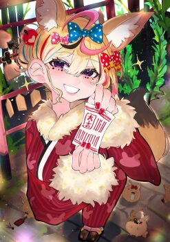 1girl :d alternate_costume animal_ear_fluff animal_ears black_hair blonde_hair blue_bow bow commentary_request ema fox_ears fox_girl fox_tail fur-trimmed_sleeves fur_trim hair_ornament heart highres holding holding_ema hololive japanese_clothes kimono long_sleeves loo multicolored_bow multicolored_hair omaru_polka open_mouth outdoors pink_hair purple_eyes red_bow red_nails smile tail teeth virtual_youtuber yukata yuuppi zain_(omaru_polka)