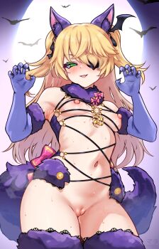 1girl :d absurdres animal_ear_fluff animal_ears blonde_hair bottomless breasts claw_pose cleft_of_venus commentary cosplay cowboy_shot elbow_gloves english_commentary eyepatch fang fate/grand_order fate_(series) fischl_(genshin_impact) fur-trimmed_gloves fur-trimmed_thighhighs fur_collar fur_trim genshin_impact gloves green_eyes hands_up highres long_hair mash_kyrielight mash_kyrielight_(dangerous_beast) mash_kyrielight_(dangerous_beast)_(cosplay) matsumaramara navel nipples open_mouth purple_gloves purple_thighhighs pussy skin_fang small_breasts smile solo tail thighhighs two_side_up uncensored