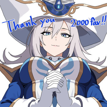 Rule 34 | 1girl, blue dress, blue eyes, breasts, commentary request, doubletwin, dress, duel monster, grey hair, hat, large breasts, long hair, mother's day, silent magician, simple background, smile, solo, upper body, white background, white hat, yu-gi-oh!