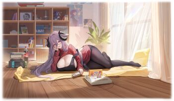 1girl :d apron artist_request azur_lane backless_dress backless_outfit beamed_sixteenth_notes black-framed_eyewear black_apron black_horns black_panties black_pantyhose blanket blush book book_stack bookshelf border bottle breastless_clothes breasts chromatic_aberration cleavage cola controller curled_horns curtains demon_horns double-parted_bangs dragon dress eighth_note famicom figure fingernails foot_out_of_frame framed_breasts friedrich_carl_(a_game_of_love)_(azur_lane) friedrich_carl_(azur_lane) full_body game_cartridge game_console game_controller gradient_horns hair_between_eyes hair_flaps hair_intakes hand_on_own_cheek hand_on_own_face handheld_game_console head_rest head_tilt highres holding holding_controller holding_game_controller horns huge_breasts indoors light_particles long_bangs long_fingernails long_hair long_hair_between_eyes long_sleeves looking_at_viewer lying manga_(object) mature_female model_ship mole mole_on_breast mole_under_mouth multicolored_horns musical_note nail_polish nintendo_switch no_shoes non-web_source official_alternate_costume official_art on_floor on_side open_mouth otaku otaku_room panties panty_straps pantyhose paw_print plant poster_(object) potted_plant purple_eyes purple_hair purple_nails red_dress red_horns revision see-through_curtains semi-rimless_eyewear shelf short_dress sideboob smile solo strap_slip string_panties sunlight sweater sweater_dress sword teeth thighs under-rim_eyewear underwear upper_teeth_only very_long_hair weapon white_border window wooden_floor