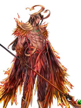 1boy abs androgynous armor bird_boy black_hair brown_feathers commentary earrings feathers fire french_commentary gem gold_earrings green_eyes green_gemstone highres holding holding_polearm holding_weapon hoop_earrings horns jewelry loki_(marvel) long_hair male_focus marvel marvel_rivals muscular muscular_male navel official_alternate_costume orange_feathers pauldrons pointy_ears polearm raskoman1 red_feathers red_gemstone shoulder_armor solo thor_(marvel)_(series) topless_male weapon white_background yellow_feathers