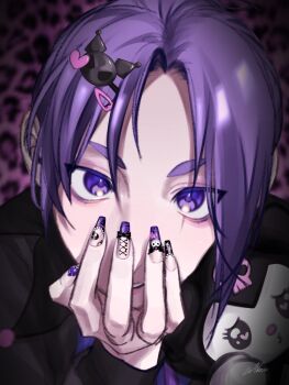 animal_print black_jacket blue_lock close-up commentary cosplay covering_own_mouth fingernails hair_ornament hairpin hand_over_own_mouth highres jacket kousibou_milk kuromi kuromi_(cosplay) light_smile long_fingernails looking_at_viewer male_focus mikage_reo nail_polish pink_background purple_eyes purple_hair purple_nails shadow solo stuffed_toy symbol-only_commentary tiger_print