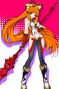 Rule 34 | 1girl, absurdres, ayamiya, black pants, blazblue, boots, bow, clothing cutout, cosplay, full body, hair bow, hair intakes, high ponytail, highres, holding, holding polearm, holding weapon, ishmael (project moon), limbus company, long hair, lowleg, lowleg pants, mai natsume, mai natsume (cosplay), navel cutout, orange eyes, orange hair, outseal, pants, polearm, ponytail, project moon, shirt, sleeveless, sleeveless shirt, solo, spear, very long hair, weapon, white shirt, yellow bow