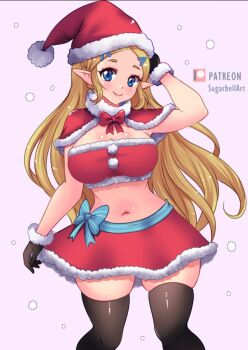 1girl arm_behind_head arm_up black_gloves black_thighhighs blonde_hair blue_bow blue_eyes blue_ribbon blush bow bowtie breasts capelet christmas cleavage fur-trimmed_capelet fur-trimmed_gloves fur-trimmed_headwear fur-trimmed_shirt fur-trimmed_skirt fur_trim gloves hair_ornament hairclip hat large_breasts long_hair looking_at_viewer midriff navel nintendo pointy_ears pom_pom_(clothes) princess_zelda purple_background red_bow red_bowtie red_capelet red_hat red_shirt red_skirt ribbon santa_costume santa_hat shirt skirt smile snow snowing standing strapless striped_bow striped_ribbon sugarbell the_legend_of_zelda the_legend_of_zelda:_breath_of_the_wild the_legend_of_zelda:_tears_of_the_kingdom thick_thighs thighhighs thighs tube_top winter