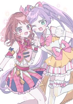 2girls :d ;d ahoge aikatsu! aikatsu!_(series) aikatsu!_x_pripara_the_movie_-deai_no_kiseki!- bow braid brown_hair commentary_request crossover detached_sleeves dress frilled_dress frilled_skirt frilled_thighhighs frills genre_connection green_eyes hair_bow highres idol_clothes long_hair looking_at_viewer manaka_laala miniskirt multicolored_dress multiple_girls one_eye_closed open_mouth ozora_akari pink_bow pink_shirt pretty_series pripara puffy_detached_sleeves puffy_sleeves purple_hair red_eyes shirt simple_background skirt smile standing standing_on_one_leg star_(symbol) tassel thighhighs treble_clef twintails uta_(utamilk) very_long_hair white_background white_thighhighs
