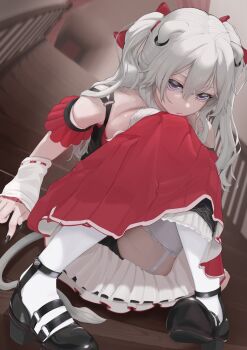 Rule 34 | 1girl, animal ears, black nails, black shoes, breasts, closed mouth, double-parted bangs, dress, edge ill, fingernails, full body, garter straps, grey eyes, grey hair, hair between eyes, hashtag-only commentary, highres, hololive, lion ears, lion girl, lion tail, long hair, looking at viewer, nail polish, red dress, shishiro botan, shoes, short sleeves, sidelocks, sitting, solo, stairs, stairwell, tail, thighhighs, two side up, virtual youtuber, white thighhighs