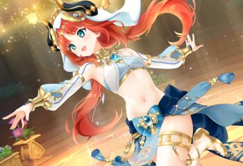 1girl aqua_nails blush breasts commentary_request crop_top dakuo_(whun8885) fake_horns fingernails genshin_impact gold_thighlet green_eyes harem_outfit highres horns jewelry long_hair long_sleeves nail_polish navel nilou_(genshin_impact) open_mouth red_hair small_breasts smile solo stomach thighlet toenail_polish toenails veil white_veil