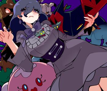 1girl absurdres archives.gokulism black_hair blush bow bowtie commentary_request dragapult dreepy dress earrings eyelashes flying_sweatdrops frown gen_5_pokemon gen_6_pokemon gen_7_pokemon gen_8_pokemon hair_between_eyes hex_maniac_(pokemon) hex_maniac_(pokemon_legends:_z-a) highres jellicent jellicent_(female) jewelry long_hair looking_down mimikyu multiple_others nintendo no_legwear open_mouth pokemon pokemon_(creature) pokemon_in_clothes pokemon_legends:_z-a purple_background purple_bow purple_bowtie simple_background trevenant