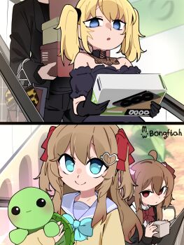 1boy 3girls absurdres ahoge ani_(xai) bare_shoulders black_cardigan black_dress black_gloves blonde_hair blue_eyes bongftah bow bowtie brown_hair cardigan chibi choker commentary crossover dress elon_musk escalator evil_neuro-sama gloves hair_between_eyes hair_ornament hair_ribbon heart heart_hair_ornament highres holding long_hair long_sleeves multiple_girls neuro-sama red_bow red_eyes red_ribbon ribbon siblings symbol-only_commentary turtle twintails two_side_up vedal987 vedal_ai virtual_youtuber xai_(company)