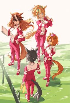 4girls animal_ears black_hair blonde_hair breasts brown_hair commentary_request crown domdam80 from_above fuji_kiseki_(umamusume) full_body grass green_eyes hair_ornament highres holding holding_opera_glasses holding_towel horse_ears horse_girl horse_tail jacket large_breasts looking_at_another medium_breasts mini_crown multicolored_hair multiple_girls opera_glasses orange_hair outdoors pants pink_crown red_eyes star_(symbol) star_hair_ornament streaked_hair stretching symboli_rudolf_(umamusume) t.m._opera_o_(umamusume) taiki_shuttle_(umamusume) tail towel tracen_training_uniform track_jacket track_pants track_suit two-tone_hair umamusume v watermark