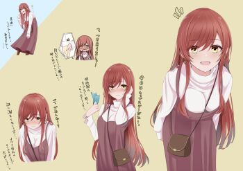 1boy 1girl arms_behind_back bag blush breasts brown_dress closed_mouth dress earrings elbow_carry embarrassed fanning fanning_face fanning_self full-face_blush glasses hair_between_eyes handbag highres holding_hands hot idolmaster idolmaster_shiny_colors jewelry leaning_forward long_hair long_sleeves looking_at_viewer open_mouth osaki_amana red_hair ryouta_(ryouta335) shirt smile standing swept_bangs translation_request turtleneck turtleneck_shirt v white_shirt yellow_eyes