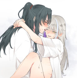 Rule 34 | 2boys, archer (fate/samurai remnant), arms around neck, blush, carrying, carrying person, fate/samurai remnant, fate (series), green hair, grey hair, high ponytail, keclpshvli, licking, lifting person, long hair, male focus, multicolored hair, multiple boys, partially undressed, ponytail, sex, shirt, streaked hair, sweat, tassel, tongue, tongue out, white background, white hair, white shirt, yaoi, yellow eyes, zheng chenggong (fate)