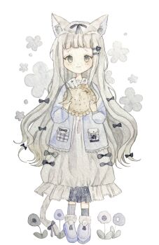 1girl anemone_(flower) animal_ears aoyagi874 blunt_bangs blush bow cardigan cat_ears cat_tail commentary cookie dress floating_flowers flower food frilled_shirt_collar frilled_skirt frills full_body fur_trim gingham_clothes green_eyes hair_bow hair_ornament hairclip highres holding holding_cookie holding_food lace_trim long_hair long_sleeves looking_at_viewer mismatched_socks original own_hands_together painting_(medium) pale_skin pastry pocket pom_pom_(clothes) puffy_sleeves ribbon simple_background skirt slippers smile socks standing straight-on striped_clothes striped_socks symbol-only_commentary tail tail_bow tail_ornament traditional_media very_long_hair watercolor_(medium) wavy_hair white_background