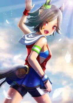 1girl animal_ears armpits bandaid bandaid_on_cheek bandaid_on_face bandeau bike_shorts black_hair black_shorts blue_bandeau blue_sky blue_sports_bra blush bracelet breasts cloud commentary_request dated_commentary ear_ornament hair_ornament hairclip highres hood hoodie horse_ears horse_girl horse_tail jacket jewelry looking_at_viewer low-cut_armhole open_mouth otono_(bkt4b) red_eyes red_jacket short_hair shorts skirt sky sleeveless sleeveless_hoodie sleeveless_jacket smile solo sports_bra tail teeth umamusume upper_teeth_only winning_ticket_(get_to_winning!)_(umamusume) winning_ticket_(umamusume) wristband