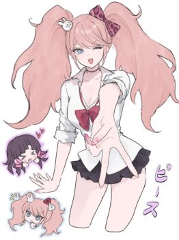 >_< 2girls alternate_costume black_hair black_skirt blonde_hair blue_eyes blush bow breasts cleavage closed_eyes closed_mouth collarbone collared_shirt cropped_legs danganronpa:_trigger_happy_havoc danganronpa_(series) danganronpa_2:_goodbye_despair enoshima_junko eyelashes fingernails hair_bow hair_ornament heart holding long_hair miniskirt motion_blur multiple_girls nail_polish notice_lines one_eye_closed open_mouth pink_bow pink_hair rabbit_hair_ornament shirt simple_background skirt teeth translation_request tsumiki_mikan twintails ujuui_msmz upper_teeth_only v white_background white_shirt