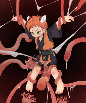 1boy absurdres ailurusyuan animal_ears barefoot blush feet green_eyes highres male_focus original red_panda_ears red_panda_tail shota solo_focus tagme tail tentacles toes