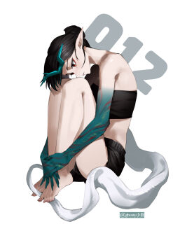Rule 34 | 1girl, absurdres, alternate costume, alternate hairstyle, aqua horns, arknights, artist name, bare arms, bare shoulders, barefoot, black hair, black shorts, black tube top, closed mouth, colored extremities, commentary, dragon girl, dragon horns, dragon tail, dusk (arknights), eastern dragon horns, english commentary, fingernails, full body, ghosty (xiaobai), green hands, hair bun, highres, horns, legs, long fingernails, looking down, pointy ears, red eyes, short hair, short shorts, shorts, simple background, single hair bun, sleeveless, solo, strapless, tail, thighs, tube top, white background