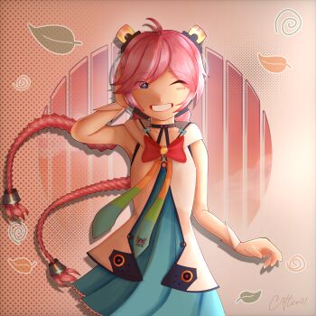 Rule 34 | 1girl, absurdres, arm cuffs, blue eyes, braid, c4tlvr01, cloud, falling leaves, floating hair, hand on own head, highres, leaf, logo, non-web source, number tattoo, one eye closed, pink hair, rainbow, rana (vocaloid), signature, smile, tattoo, twin braids, vocaloid, warm colored