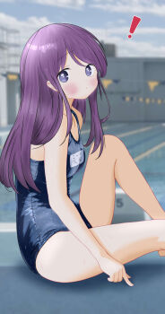 ! 1girl absurdres blue_one-piece_swimsuit blurry blurry_background blush breasts commentary_request foot_out_of_frame highres kubo-san_wa_mob_wo_yurusanai kubo_nagisa long_hair looking_at_viewer one-piece_swimsuit outdoors pool purple_hair school_swimsuit sitting small_breasts solo swimsuit wet yurara_(pixiv102952654)