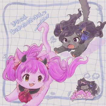 2girls :3 animal_focus animalization apple black_cat black_hair bow brown_eyes cat chasing commentary_request commission demon_horns emily_stewart fang fangs food fruit hair_bow hakozaki_serika highres horns idolmaster idolmaster_million_live! idolmaster_million_live!_theater_days multiple_girls nekoninaru_ne no_humans official_alternate_hair_color open_mouth pawpads pink_cat pink_hair purple_eyes skeb_commission translation_request twintails wavy_background