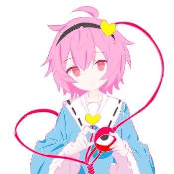 1girl black_hairband closed_mouth hairband heart highres komeiji_satori lemphyth long_sleeves looking_at_viewer messy_hair pink_eyes pink_hair short_hair simple_background solo third_eye touhou upper_body white_background wide_sleeves