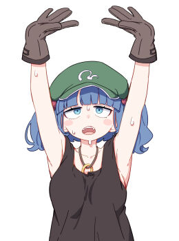Rule 34 | 1girl, absurdres, armpits, arms up, black tank top, blue eyes, blue hair, blunt bangs, breasts, brown gloves, collarbone, commentary, flat cap, gloves, green hat, hair bobbles, hair ornament, hat, highres, jewelry, kame (kamepan44231), kawashiro nitori, medium breasts, medium hair, necklace, open mouth, simple background, solo, sweat, tank top, teeth, touhou, two side up, upper body, upper teeth only, white background