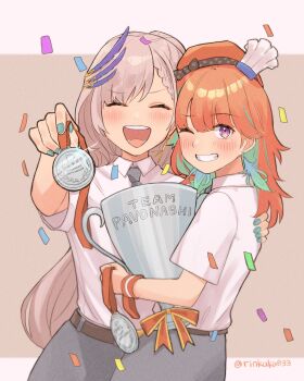 2girls absurdres alternate_costume beret blush braid braided_bangs closed_eyes commentary earrings english_commentary feather_earrings feather_hair_ornament feathers grey_hair hair_ornament hat highres holding holding_trophy hololive hololive_english hololive_indonesia jewelry kyoraku_(weng3133) long_hair looking_at_viewer medal multiple_girls multiple_hats necktie one_eye_closed open_mouth orange_hair pavolia_reine purple_eyes school_uniform simple_background smile takanashi_kiara trophy twitter_username virtual_youtuber