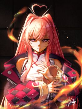 1girl absurdres ahoge black_background breasts chaos_zero_nightmare cropped_jacket fire heart heart_ahoge high-waist_skirt highres jacket long_hair long_sleeves looking_at_viewer mei_lin_(chaos_zero_nightmare) naisewow open_clothes open_jacket pink_hair puffy_long_sleeves puffy_sleeves red_eyes red_hair serious skirt solo twintails very_long_hair zipper