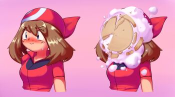 1girl bandana blush breasts brown_hair cream cream_on_face flattemp food food_on_face highres in_the_face may_(pokemon) multiple_views nintendo pie pie_in_face pokemon pokemon_rse red_shirt shirt short_sleeves sweat