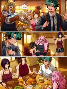 1boy 6+girls :d ^_^ absurdres alternate_hairstyle antennae ashido_mina bespectacled bird black-framed_eyewear black_camisole black_choker black_hair black_necktie black_sclera black_shorts blonde_hair blush boku_no_hero_academia breasts brown_hair camisole character_request chicken choker closed_eyes closed_mouth colored_sclera colored_skin commentary_request cup dolphin_shorts drink food formal_clothes furry furry_female glasses harem highres if_they_mated ippan_josei jiro_kyoka large_breasts long_earlobes long_hair midoriya_izuku multiple_girls necktie open_mouth pink_hair pink_skin ponytail pregnant red_shirt shirt short_hair shorts sitting sleeveless sleeveless_shirt smile spanish_commentary suit table toga_himiko uraraka_ochako vlizz white_shirt yaoyorozu_momo