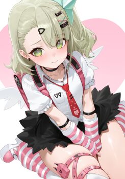 Rule 34 | 1girl, absurdres, backpack, bag, black skirt, closed mouth, commentary request, green eyes, green hair, hair ornament, hairclip, highres, looking at viewer, medium hair, necktie, pink shoes, randoseru, red necktie, shirt, shoes, sitting, skirt, solo, sunna (zenless zone zero), thighs, weimiaw, white shirt, zenless zone zero