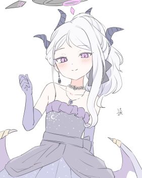 1girl absurdres blue_archive breasts commentary_request demon_girl demon_horns demon_wings dress earrings elbow_gloves gloves halo highres hina_(blue_archive) hina_(dress)_(blue_archive) horns jewelry long_hair looking_at_viewer low_wings necklace pendant purple_dress purple_eyes purple_gloves simple_background small_breasts solo ushaku white_background white_hair wings