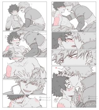 9koma abs athena_av bakudeku bakugou_katsuki blush boku_no_hero_academia curly_hair embarrassed freckles highres inminent_sex kiss medieval midoriya_izuku nervous pectorals smile spiked_hair undressing yaoi