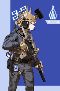 1girl absurdres ammunition_pouch animal_ear_fluff animal_ears assault_rifle belt blonde_hair blue_archive blue_halo blue_suit bulletproof_vest combat_helmet commentary_request eotech formal_clothes fox_ears fox_girl furrowed_brow gloves gun h&amp;k_hk416 h&amp;k_usp halo handgun handle headphones helmet highres holding holding_gun holding_weapon holster id_card kanna_(blue_archive) korean_commentary laser_sight looking_around microphone military military_combat_uniform military_uniform night_vision_device odi original pouch rifle suit suppressor tactical_clothes trigger_discipline weapon yellow_gloves