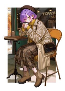 1girl alternate_costume bag beret bob_cut boots border brown_boots brown_coat brown_hat chair coat commentary cup disposable_cup earrings full_body gradient_hair green_eyes hat highres holding holding_cup hololive jewelry long_skirt looking_at_viewer multicolored_hair on_chair outdoors outside_border pink_hair plaid_clothes plaid_skirt pointy_ears purple_hair ribbed_sweater sa-ya2 short_hair shoulder_bag sitting skirt solo sweater symbol-only_commentary tokoyami_towa turtleneck turtleneck_sweater virtual_youtuber white_border yellow_sweater