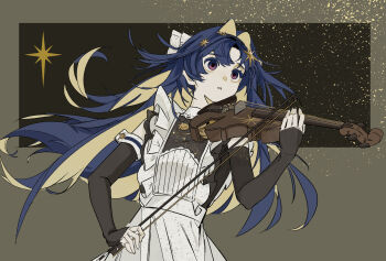 Rule 34 | 1girl, alternate costume, apron, bare shoulders, black dress, black sleeves, blue eyes, blue hair, bow (music), colored inner hair, detached sleeves, dress, floating hair, frilled apron, frills, grey background, hair intakes, hair ornament, hashtag-only commentary, highres, holding, holding bow (music), holding instrument, holding violin, instrument, long hair, looking up, multicolored hair, music, playing instrument, reverse:1999, sleeveless, sleeveless dress, solo, sorrel (sorrel64300777), star (symbol), star hair ornament, triangle mouth, upper body, violin, voyager (reverse:1999), white apron