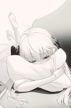 1girl absurdres barefoot black_eyes highres hugging_object kasugano_sora long_hair looking_at_viewer lying on_stomach pillow pillow_hug soles solo sorala_(artist) toes twintails very_long_hair white_hair yosuga_no_sora