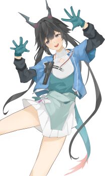 1girl absurdres aqua_gloves arknights arknights:_endfield arms_up black_eyes black_hair black_horns blue_jacket chen_qianyu_(arknights) chinese_commentary clothes_writing commentary cowboy_shot gloves highres horns jacket layered_sleeves linkao long_hair long_sleeves looking_at_viewer open_clothes open_jacket open_mouth pleated_skirt red_pupils round_teeth short_over_long_sleeves short_sleeves simple_background skirt smile solo tail teeth twintails unzipped upper_teeth_only very_long_hair white_background white_skirt zipper