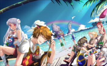 +++ 4boys 5girls adapted_costume animal_costume animal_ears arch_bishop_(ragnarok_online) aster_(ragnarok_online) banana beach beach_chair bikini blonde_hair blue_eyes blue_hair blue_sky blush_stickers breasts brown_hair brown_shirt bun_cover cat_boy cat_ears closed_eyes cloud coco_(ragnarok_online) crocodile crocodilian cross_of_prontera double_bun drawing_on_another's_face dress fishing_rod food fruit grapes green_shorts hair_bun holding holding_fishing_rod holding_tray instrument kraken kraken_(ragnarok_online) long_hair lute_(instrument) medium_breasts minstrel_(ragnarok_online) multiple_boys multiple_girls music musical_note ocean open_mouth outdoors pkyu playing_instrument purple_bikini ragnarok_online rainbow ranger_(ragnarok_online) red_hair red_vest seal_(ragnarok_online) seal_costume shadow_chaser_(ragnarok_online) shirt short_hair shorts sign sky sleeveless sleeveless_shirt smile squirrel starfish sura_(ragnarok_online) swimsuit tray upper_body vest wanderer_(ragnarok_online) water white_bikini white_dress