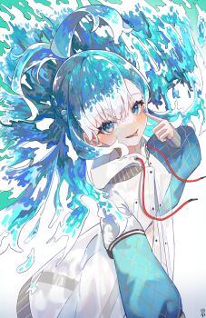 1girl absurdres akanbe blowing_raspberry blue_eyes blue_nails eyelid_pull gradient_background highres hololive hololive_indonesia hood kobo_kanaeru liquid_hair may.l nail_polish raincoat tongue tongue_out virtual_youtuber water