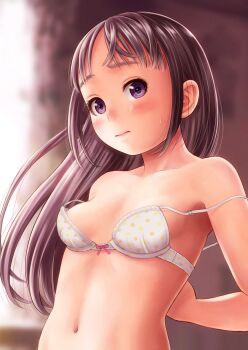 1girl blue_eyes blue_hair blush bow bow_bra bra breasts closed_mouth collarbone commentary_request highres long_hair looking_at_viewer navel original pink_bow revision small_breasts solo strap_slip sweatdrop tareme underwear underwear_only undressing upper_body wadachitokakeru white_bra