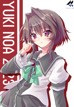 1girl 9-nine- :o absurdres artist_logo artist_name black_dress black_hair blush bow bowtie brooch character_name clenched_hand commentary_request cowboy_shot dress drop_shadow eyelashes eyes_visible_through_hair flying_sweatdrops green_bow green_bowtie hair_between_eyes hair_intakes hair_ornament hairclip hand_up highres jewelry juliet_sleeves kuho_girls_academy_school_uniform logo long_sleeves looking_at_viewer open_mouth pleated_dress puffy_sleeves red_eyes school_uniform shirt short_hair_with_long_locks simple_background solo tatuo_labo white_background white_shirt wide_sleeves yuuki_noa