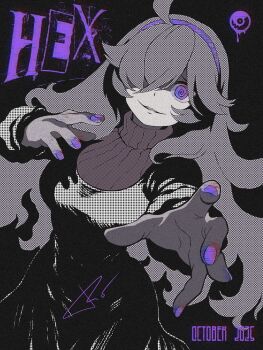 1girl 2025 @_@ ahoge alternate_breast_size_(larger) breasts character_name commentary curly_hair dated dress hair_over_one_eye hex_maniac_(pokemon) hex_maniac_(pokemon_xy) highres lips long_hair long_sleeves monochrome nintendo pink_lips pokemon pokemon_xy purple_eyes reaching reaching_towards_viewer rio_chico_art shaded_face smile solo turtleneck turtleneck_dress very_long_hair