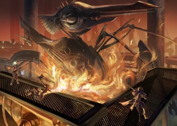 2girls armor axe battle catwalk_(walkway) factory fire gun hat head_wings highres holding holding_axe holding_gun holding_staff holding_weapon long_hair mechon melia_antiqua multiple_girls nopon pito_(pitosan) rifle riki_(xenoblade) robot sharla_(xenoblade) spiked_armor spikes staff weapon wings xenoblade_chronicles_(series) xenoblade_chronicles_1