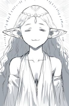 Rule 34 | 1girl, :3, absurdres, breasts, closed eyes, closed mouth, collarbone, commentary, detached sleeves, dress, elf, english commentary, frieren, hews, highres, long hair, monochrome, monster hunter (series), monster hunter wilds, pointy ears, simple background, sketch, small breasts, solo, sousou no frieren, unfinished, upper body